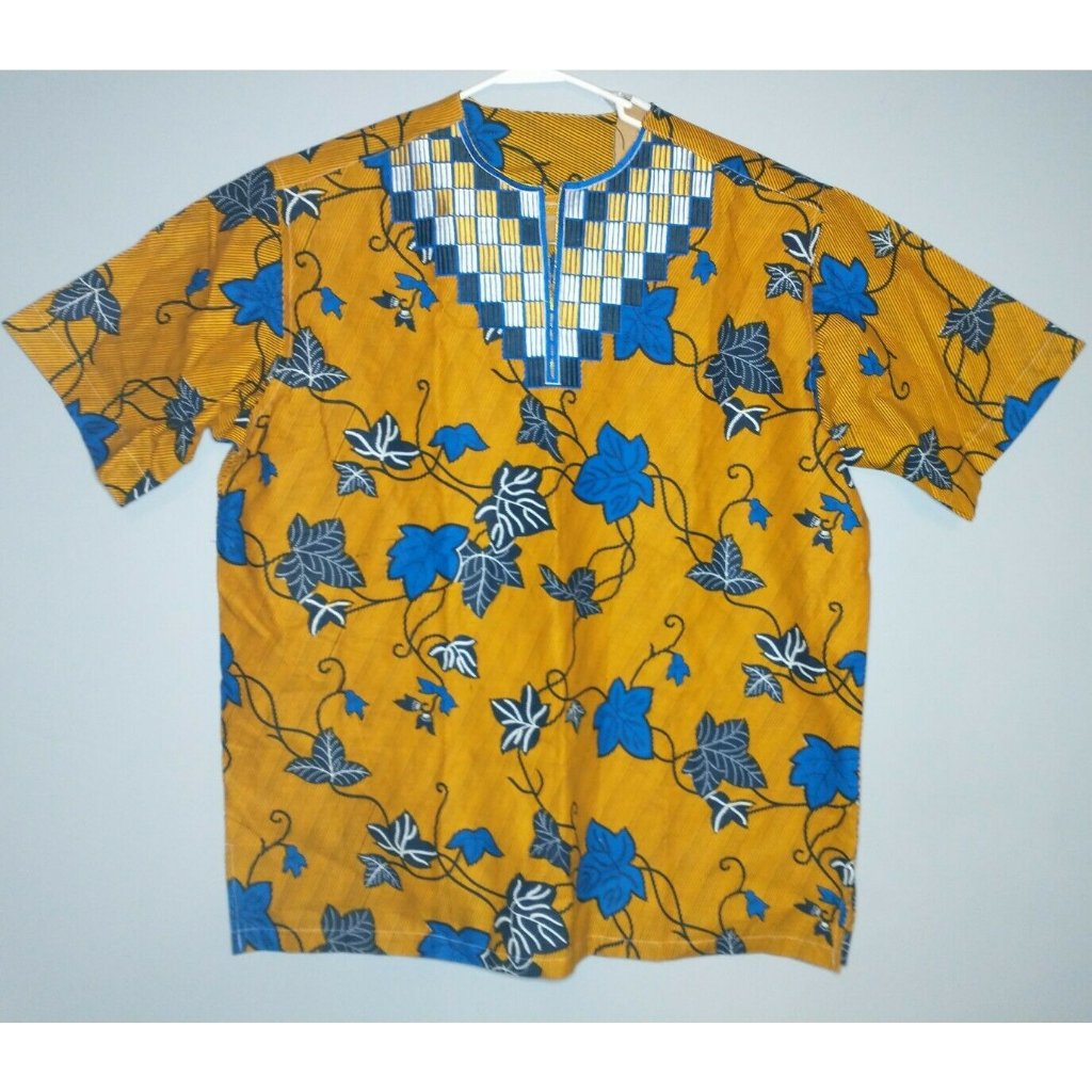 Dashiki Guaranteed Wax Block Print Hitblock Gold Yellow Blue Black White 2xl